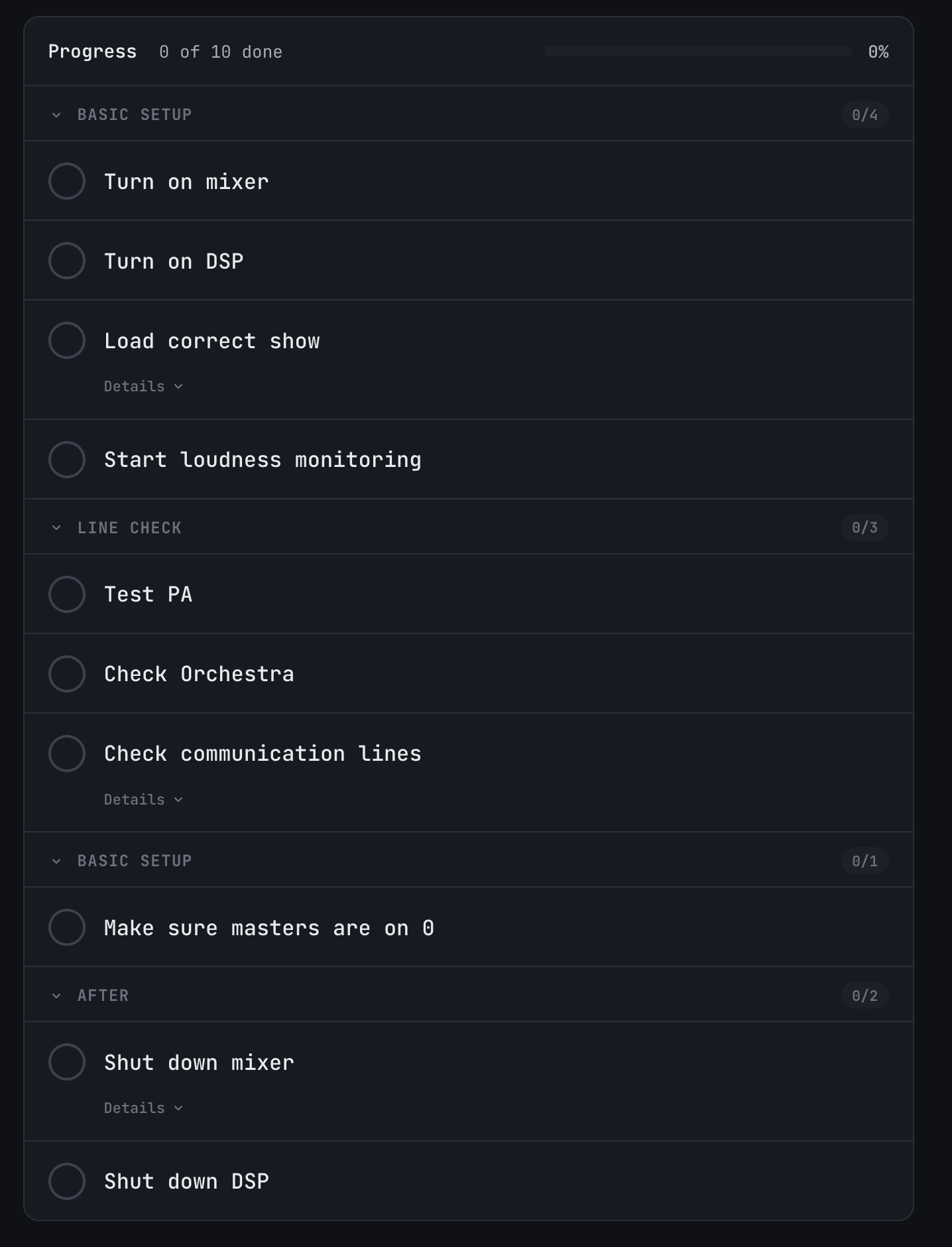 A sound-check list in Wotan's dark theme: sections for basic setup, line check and after, each item with a tick circle and a progress bar reading 0 of 10 done.