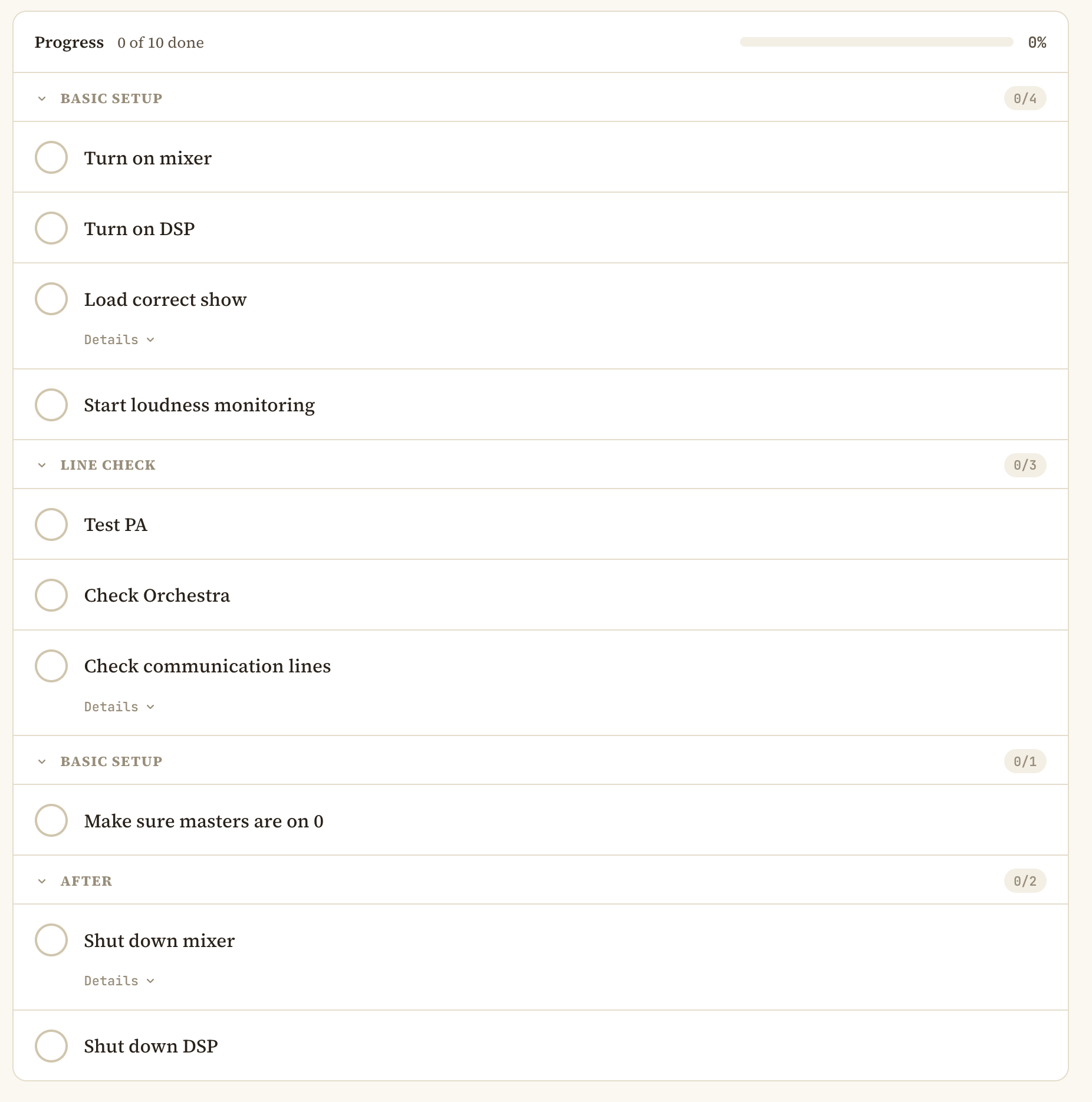 The same sound-check list in Wotan's light theme.